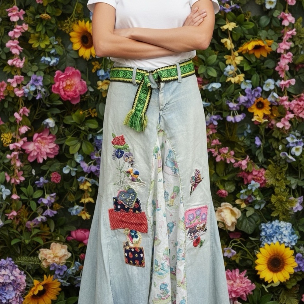 1970s Artsy Hand Crafted OOAK  Needlework Appliqué Maxi Skirt & Hippie Belt